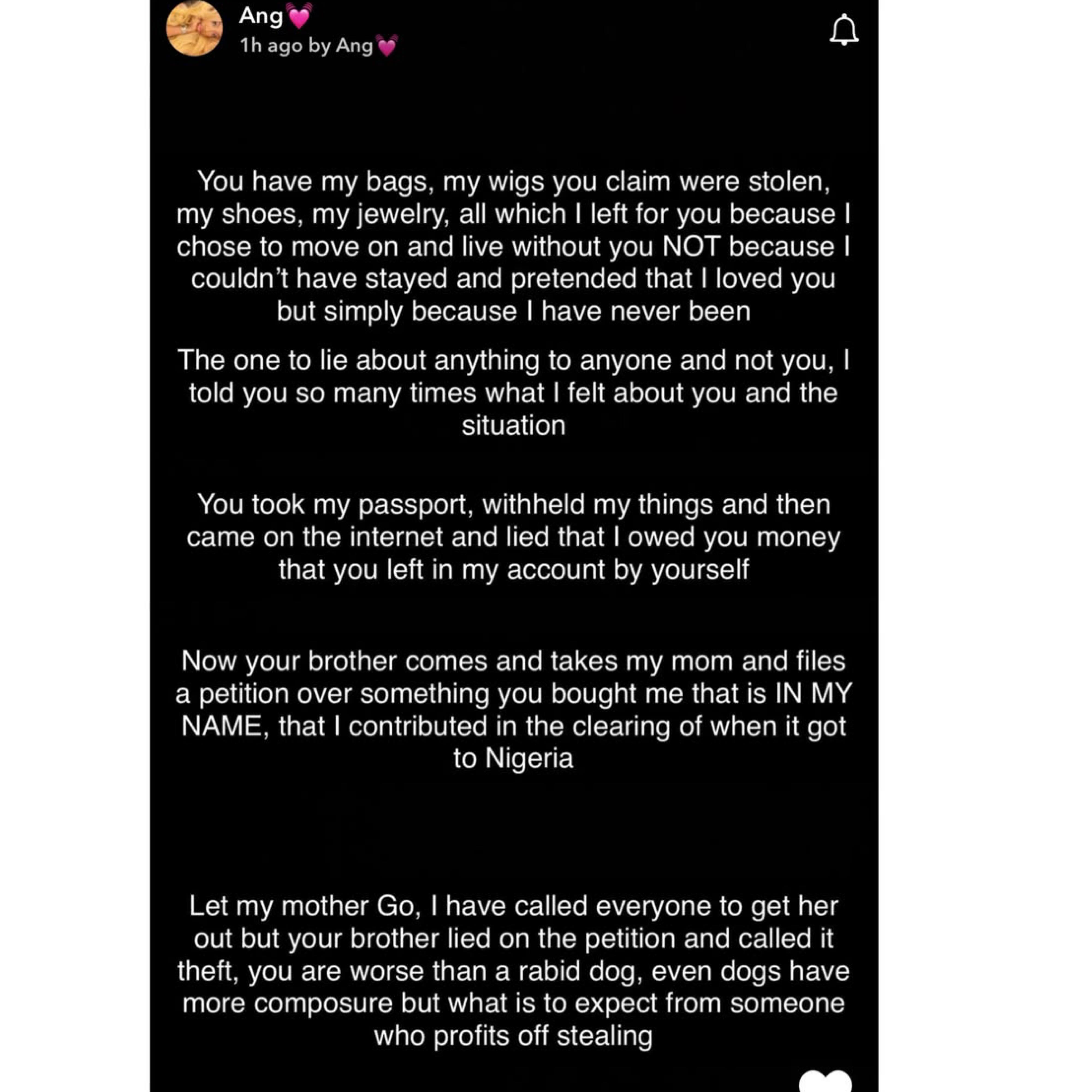 ?Let my mother go? - BBNaija star, Angel accuses estranged wife of getting her mum arrested over car dispute