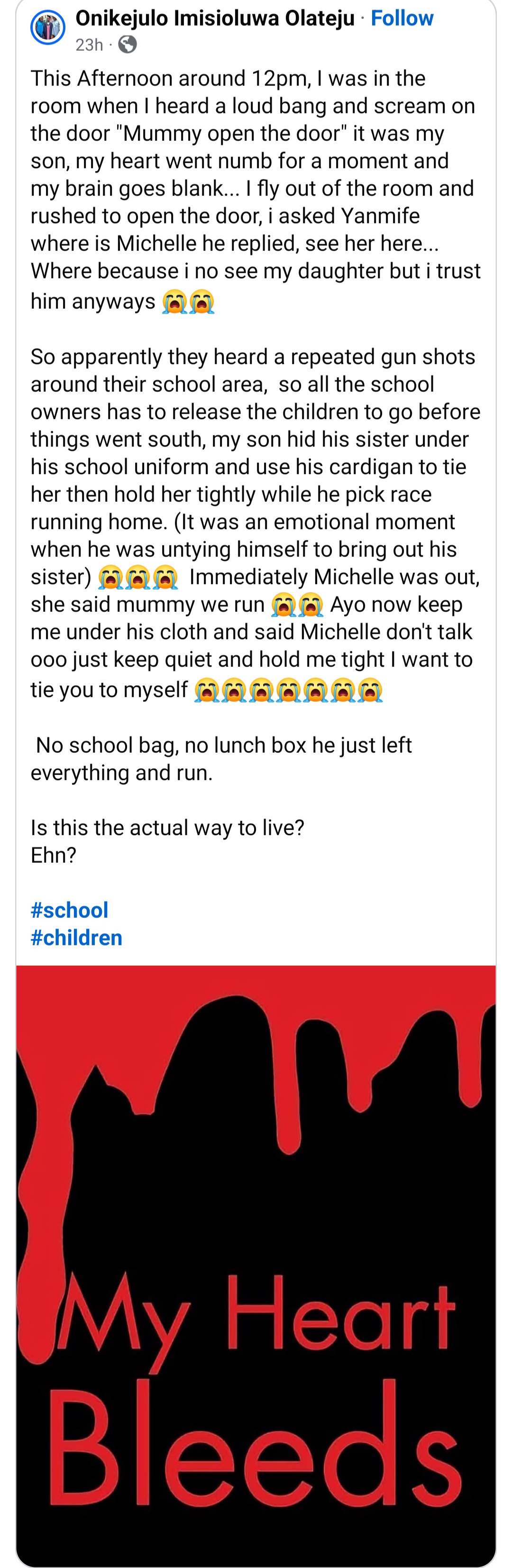Nigerian mum narrates scary yet heroic moment her children raced home from school following shooting incident