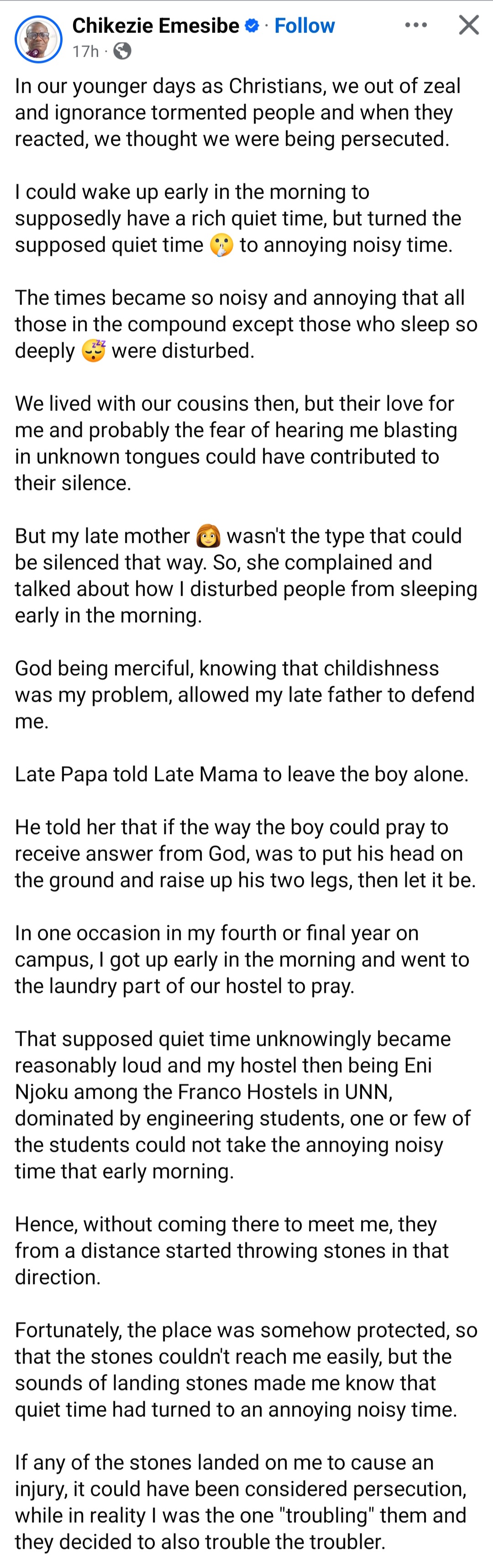 Pastor who used to pray loudly in the mornings admits his