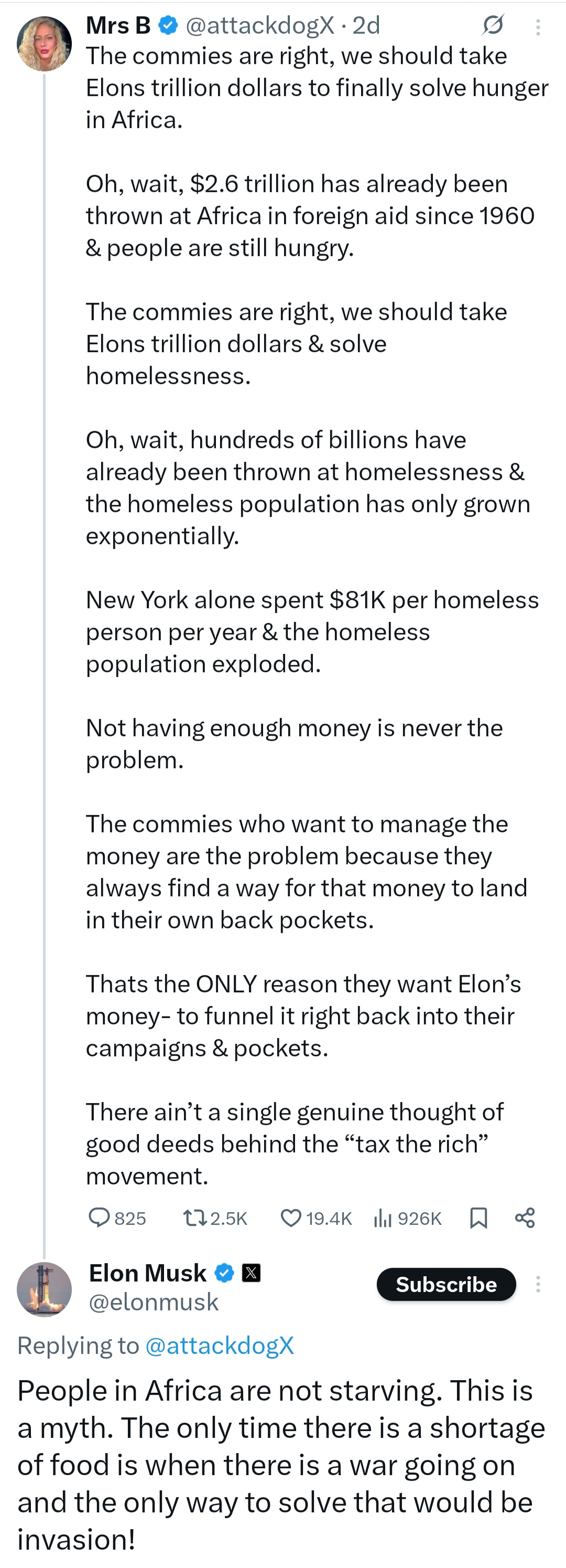 People in Africa are not starving ? Elon Musk