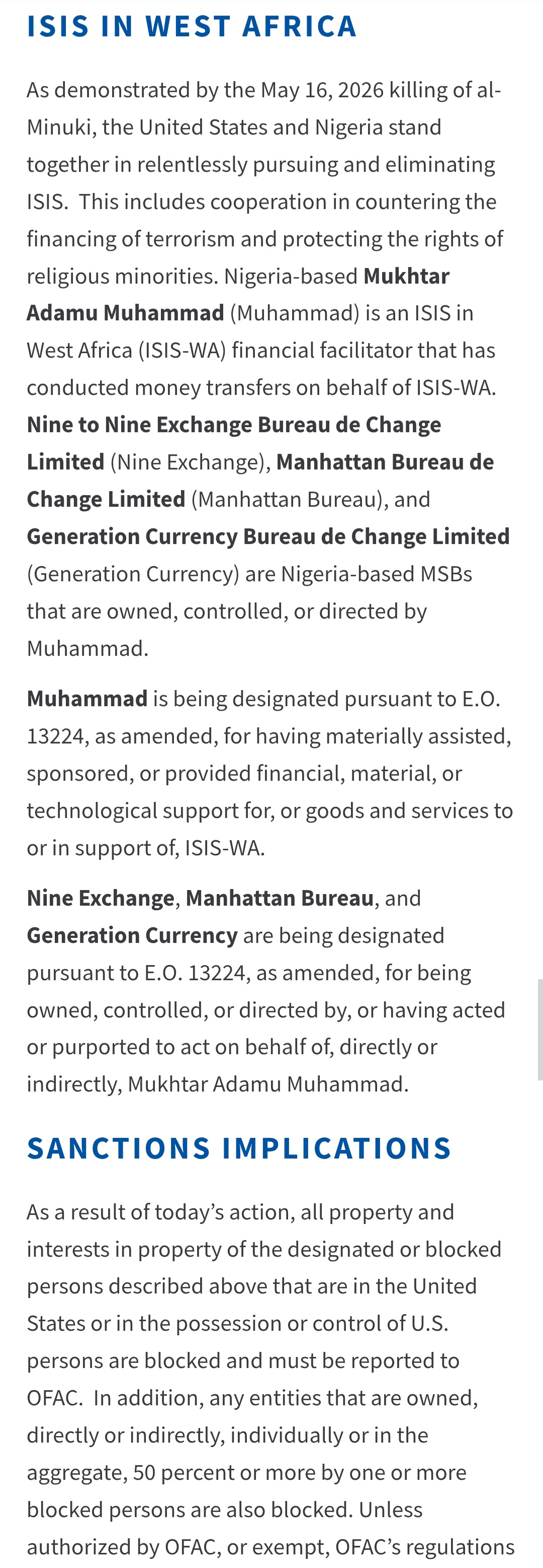 US names ISIS financial facilitators in Nigeria, others