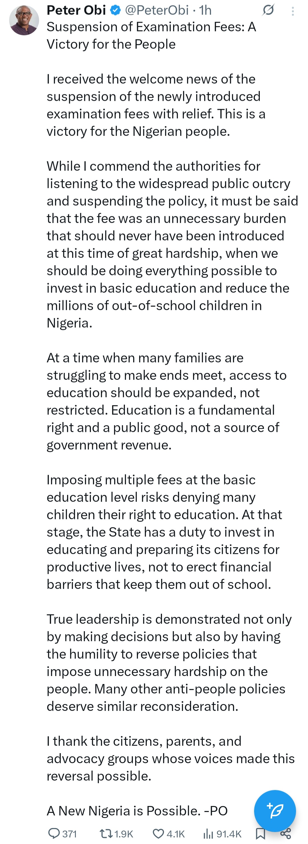 Peter Obi reacts to reversal of WAEC and NECO fees hike