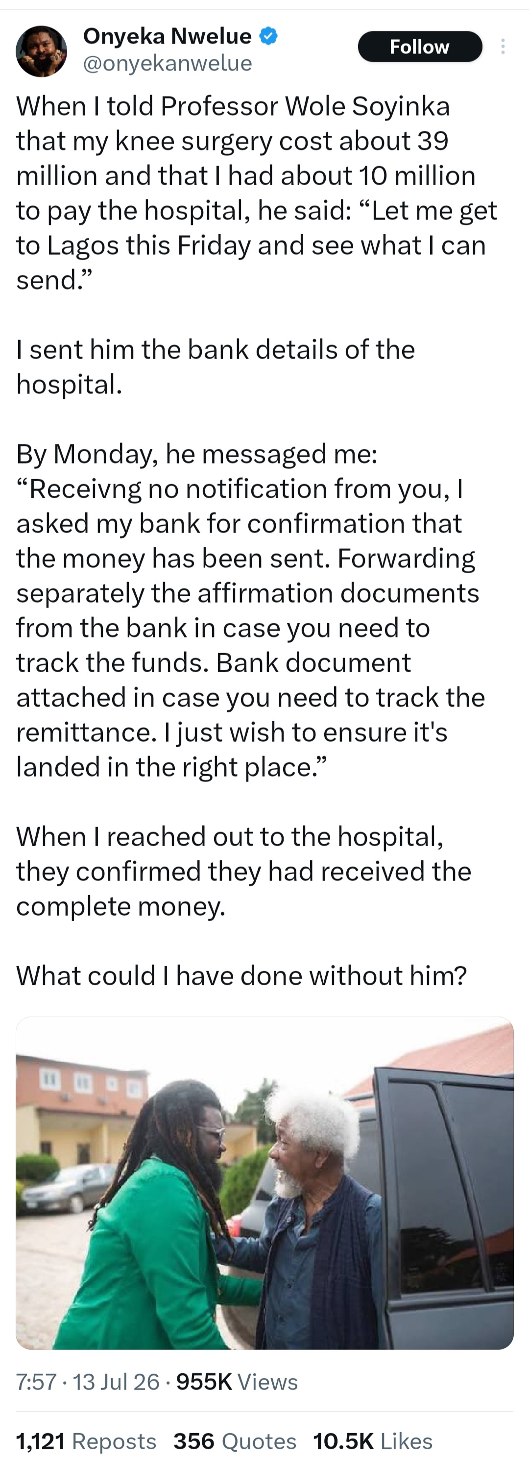 Author Onyeka Nwelue reveals what Professor Wole Soyinka did when he told him he needed to pay N39 million for surgery