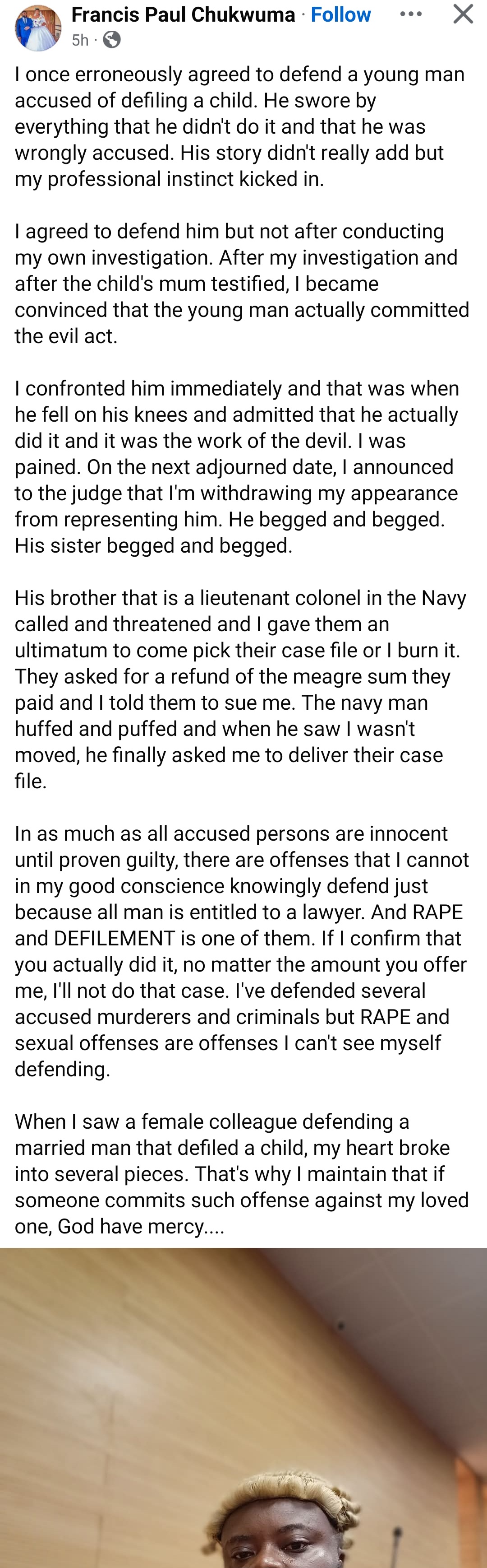 Lawyer reveals what he did after discovering his client defil