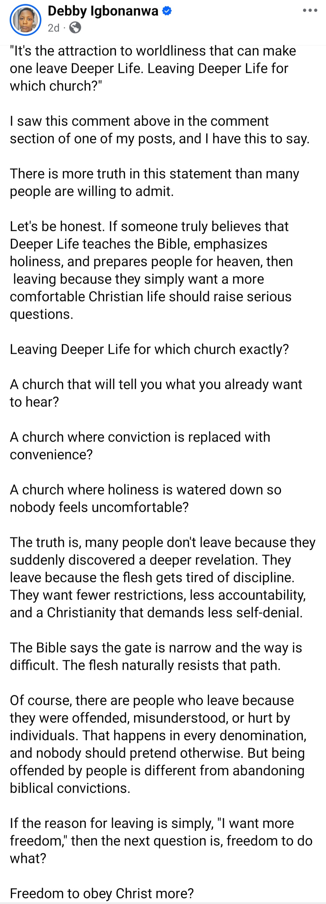 Deeper Life member mocks Christians who leave 