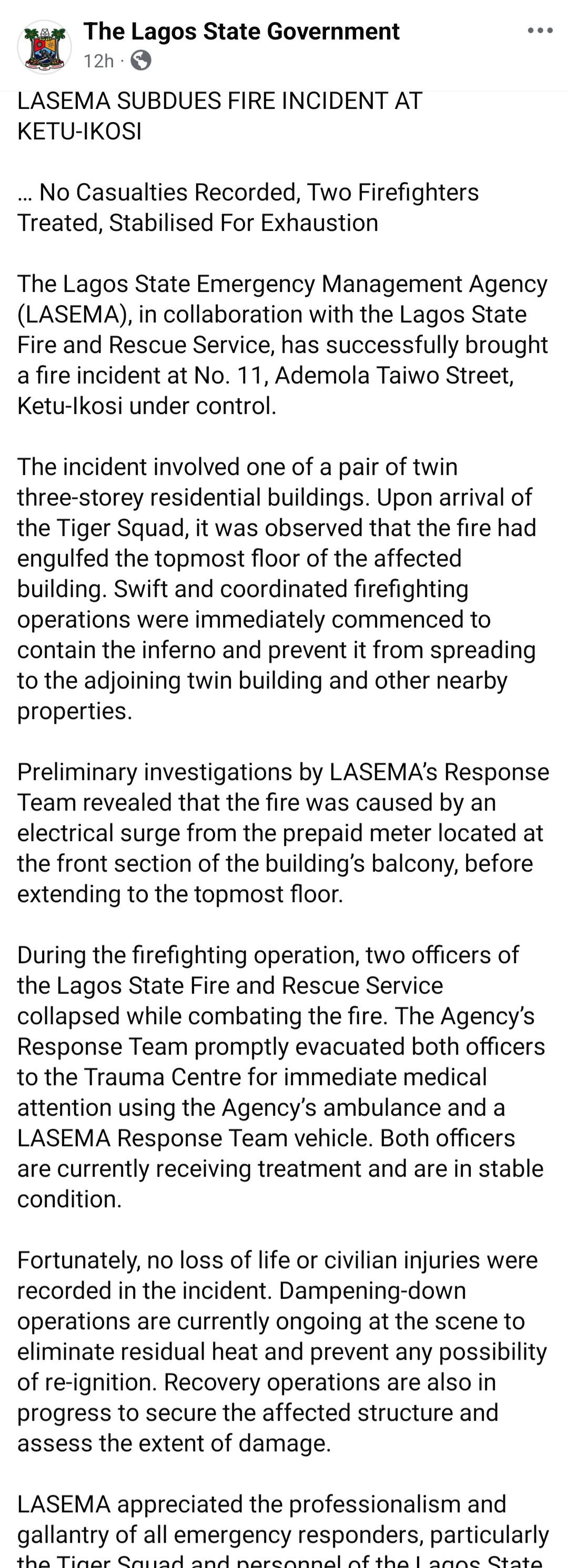 Two firefighters collapse while battling fire at Lagos residential building