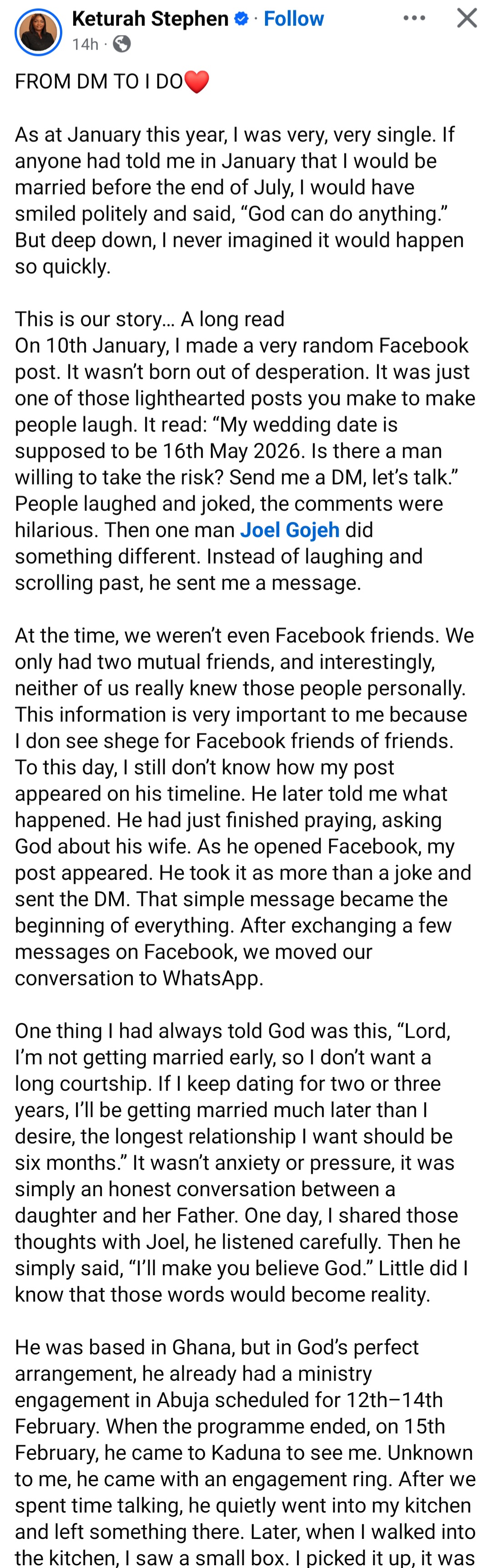 Woman who posted earlier this year that she needed a husband by May 16 gets her wish after man responded to her Facebook post