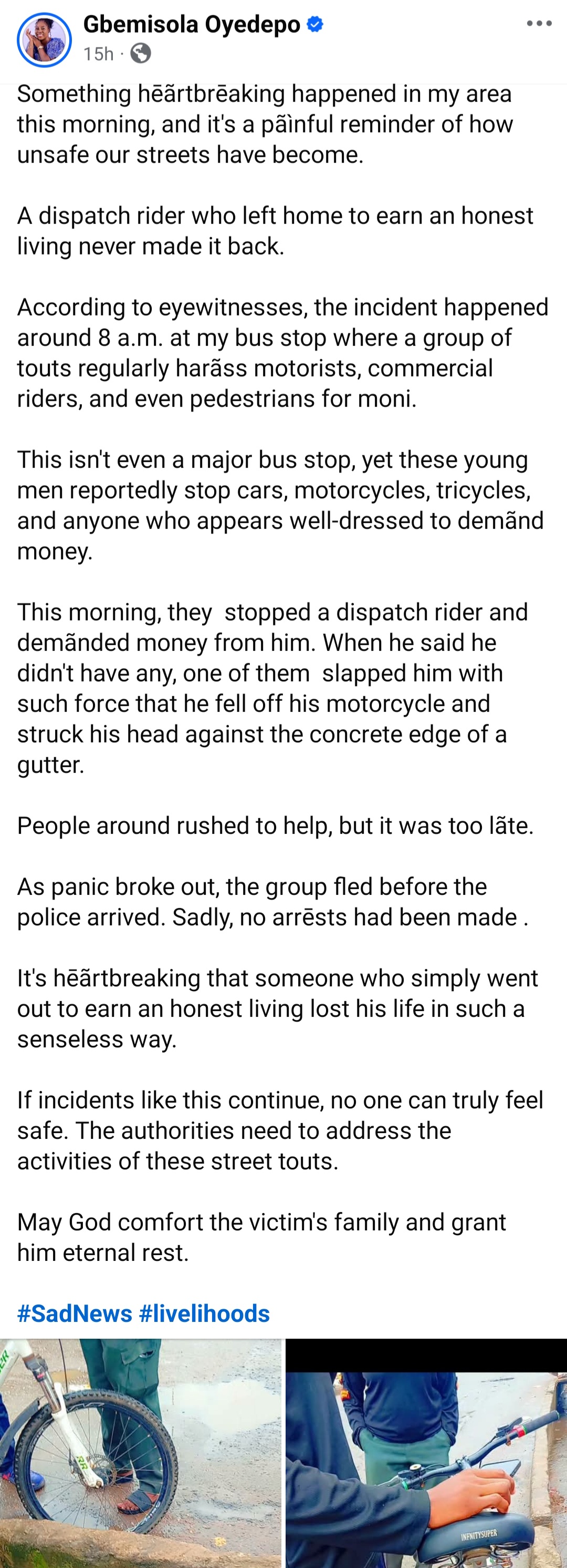 Dispatch rider allegedly k!lled by Lagos hoodlums for refusing extortion