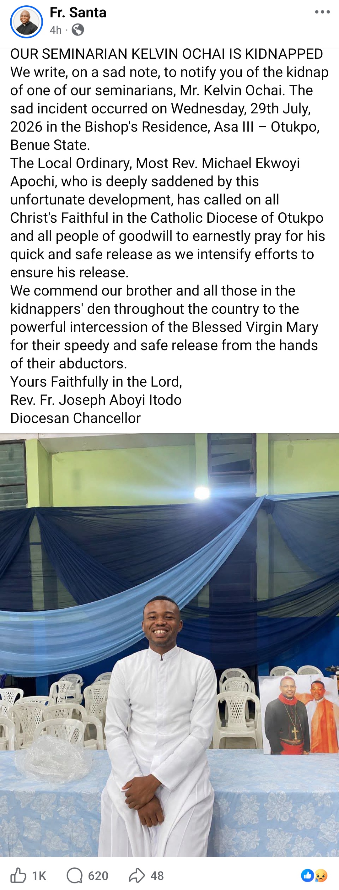 Bandits attack Catholic Bishop?s residence and abduct seminarian in Benue