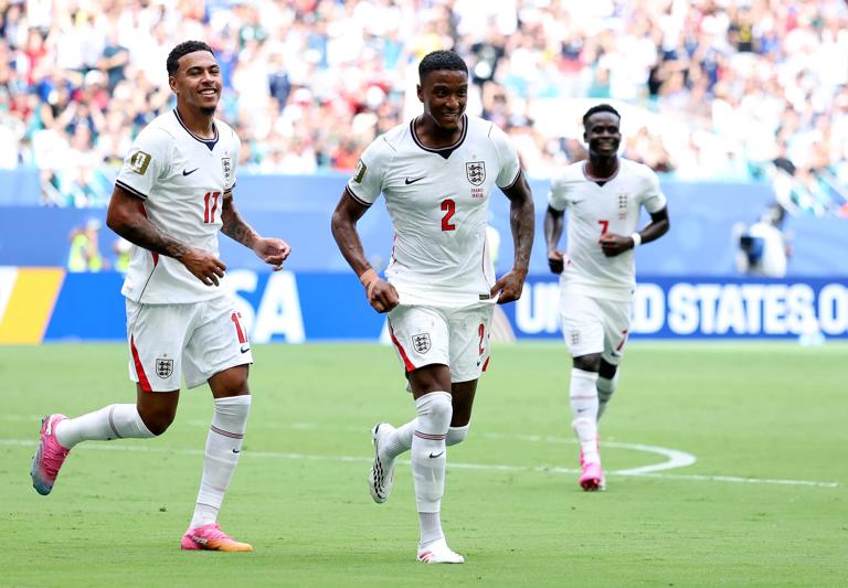 MIAMI GARDENS, FLORIDA - JULY 18: Ezri Konsa #2 of England celebrates scoring his team's second goal during the FIFA World Cup 2026 Bronze Final between France and England at Miami Stadium on July 18, 2026 in Miami Gardens, Florida. (Photo by Buda Mendes/Getty Images)