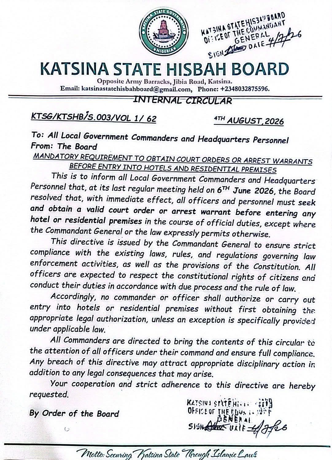 Katsina Hisbah bars personnel from raiding hotels and homes without court orders
