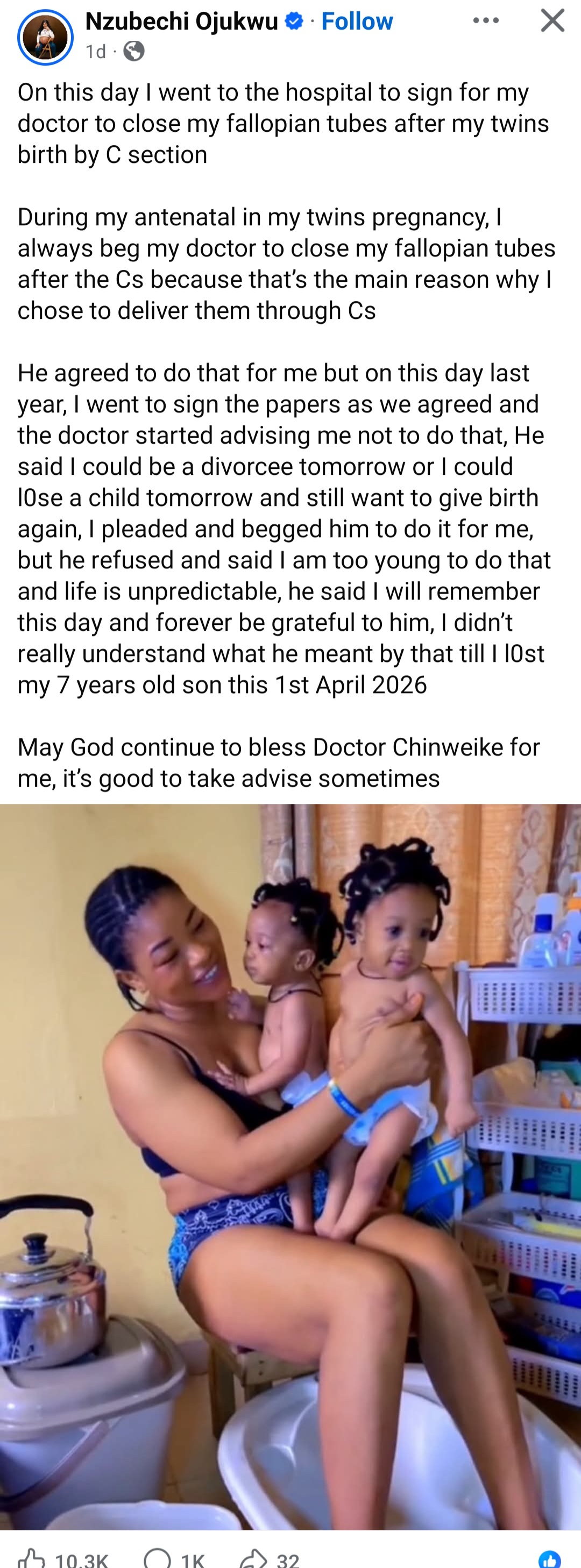 Woman who recently lost her child expresses gratitude to doctor who refused to tie her tubes when she thought she was done having kids