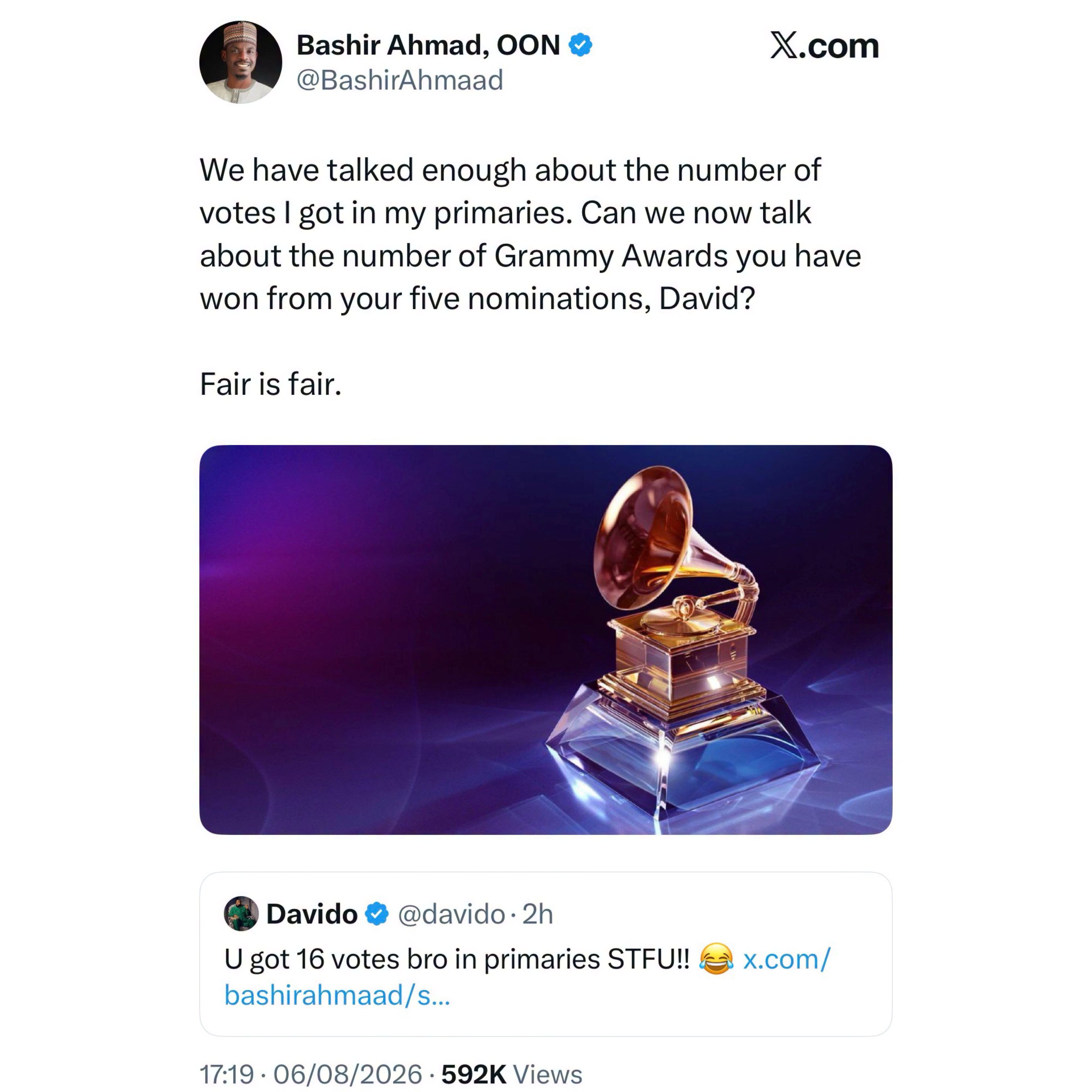 Former presidential aide Bashir Ahmad taunts Davido with loss of Grammy Awards to South Africa?s Tyla as they clash over Osun guber election