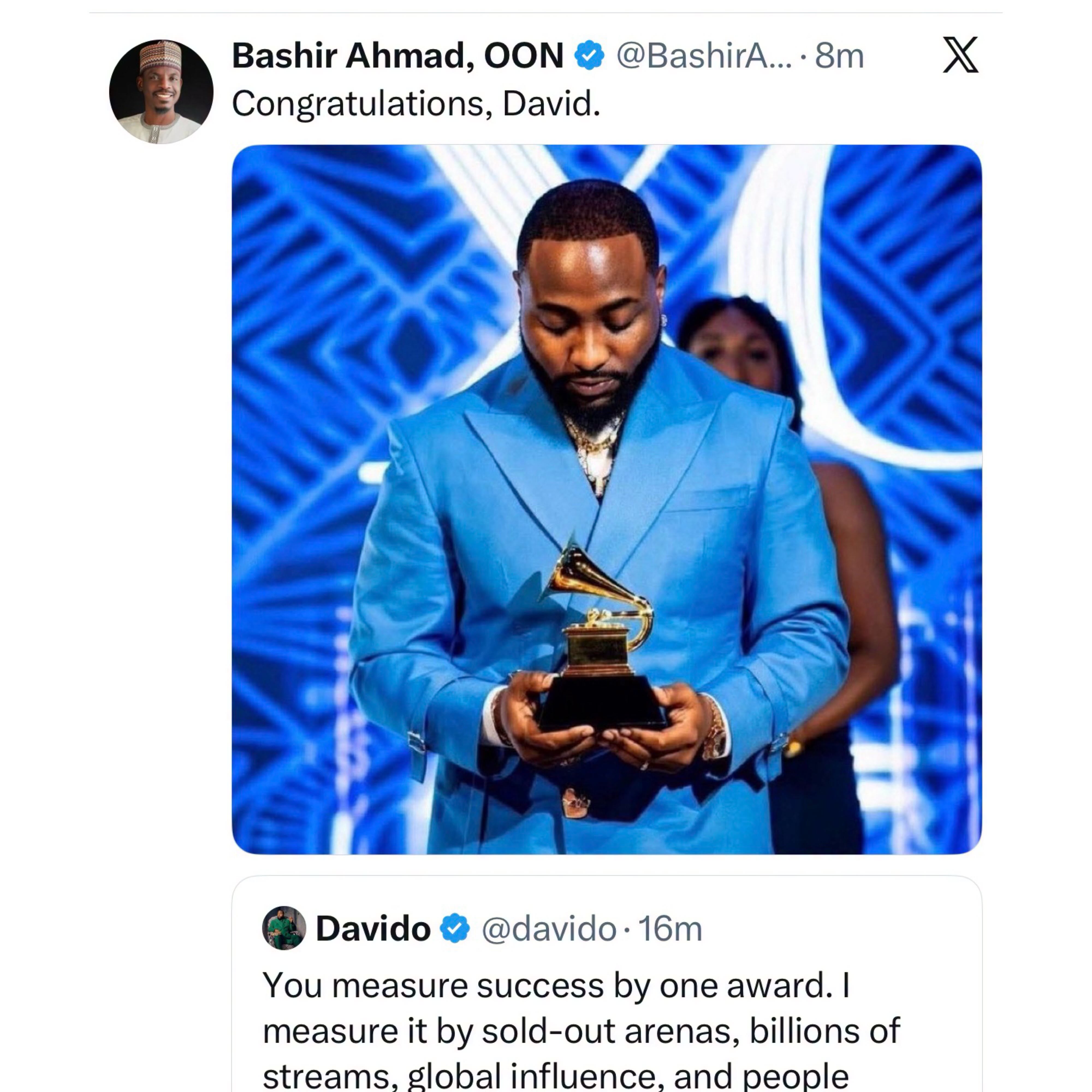 Former presidential aide Bashir Ahmad taunts Davido with loss of Grammy Awards to South Africa?s Tyla as they clash over Osun guber election